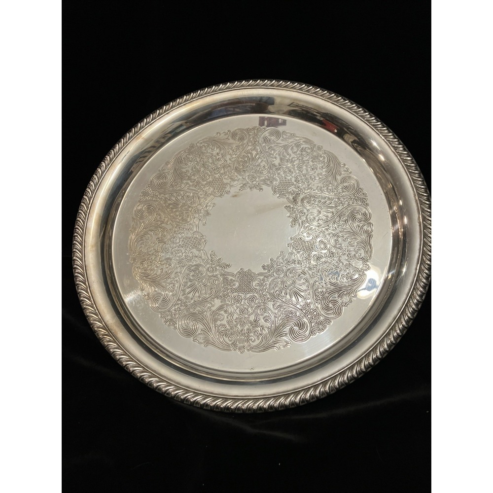 Wm Rogers Silverplate Tray 871 Round Etched Scrolls Rope Edge 12 inch Vintage